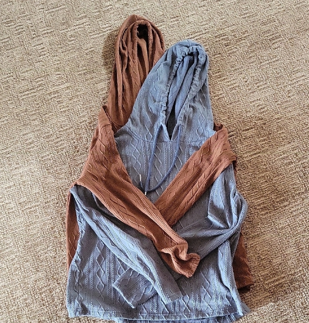 SHEIN Cable Knit Hooded Sweater - Blue and Brown